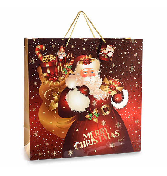 12Pz. Sacchetto regalo in carta colorata lucida con stampa natalizia e manici in cordoncino Linea "Christmas Village" cm. 40x16x40H